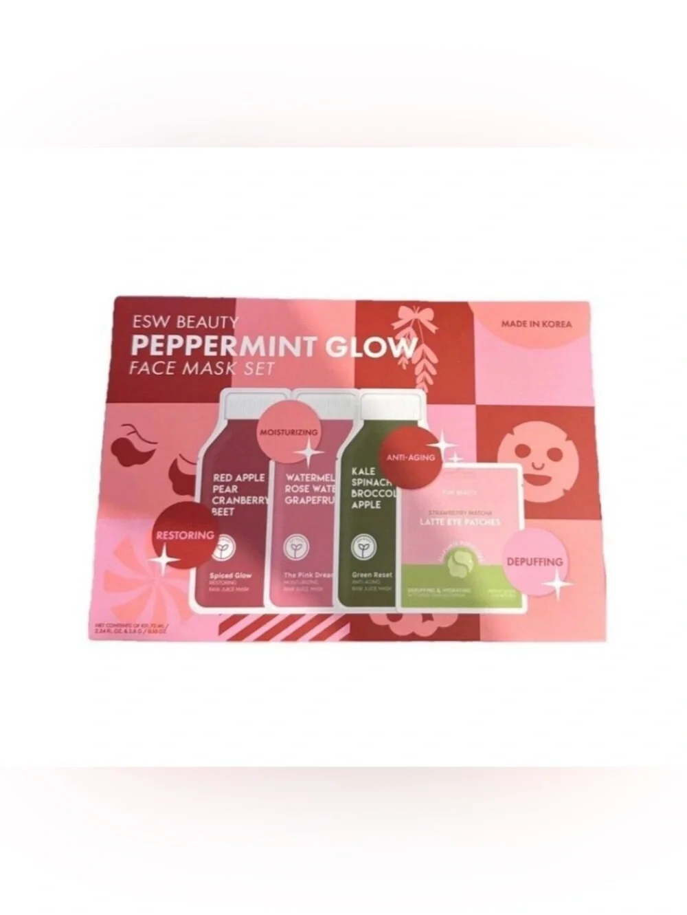 Bundle of 4 -ESW Beauty Korean Peppermint Glow Face Mask Set, New In Box.